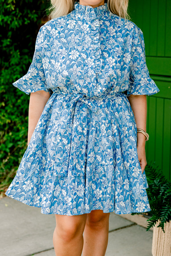 Chic Soul plus size clothing, blue grey short sleeve ruffle collar short dress with waist tie and white floral pattern