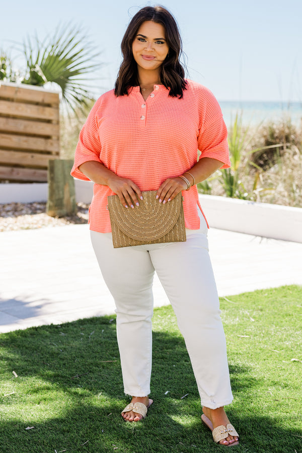 chic soul plus size clothing, coral woven top with half sleeves 