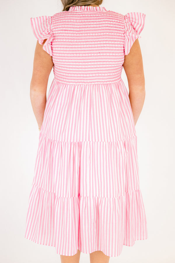 Chic Soul plus size clothing, pink and white pin stripe flutter sleeve tired midi dress with v neck cutout