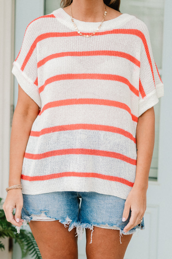 Chic Soul plus size clothing, white knit short sleeve top with coral horizontal stripes