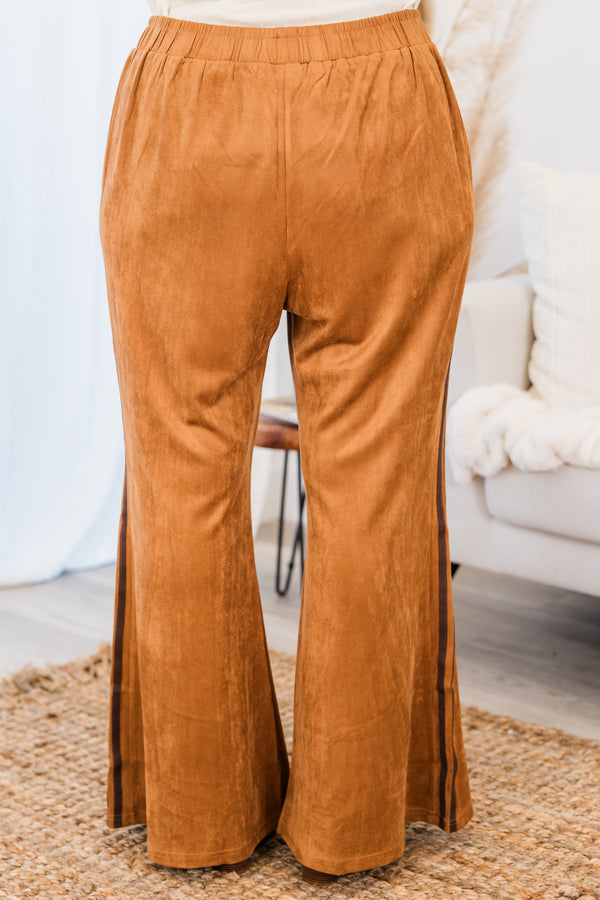 Chic Soul plus size clothing, brown pants that have two dark brown stripes on each side of the leg and a stretch waistband 