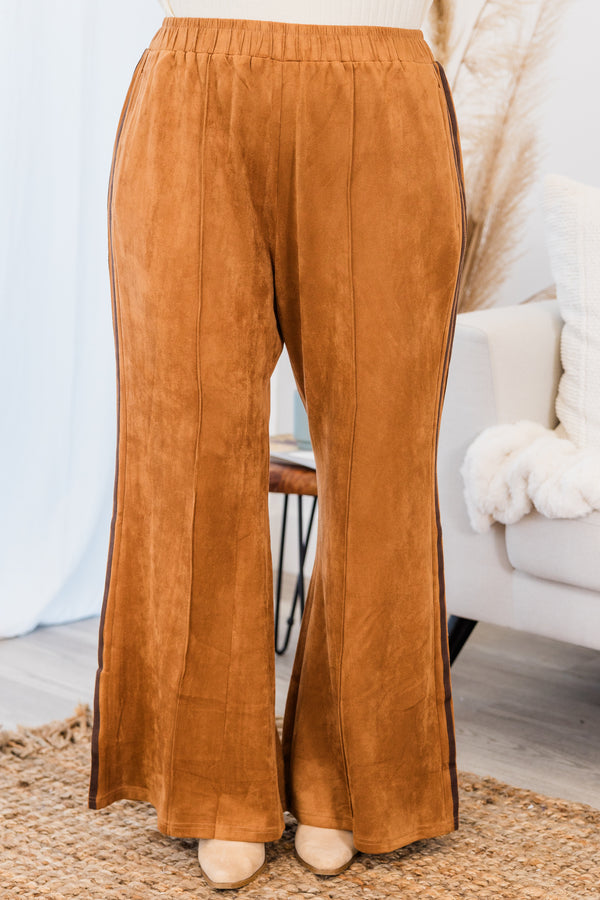 Chic Soul plus size clothing, brown pants that have two dark brown stripes on each side of the leg and a stretch waistband 