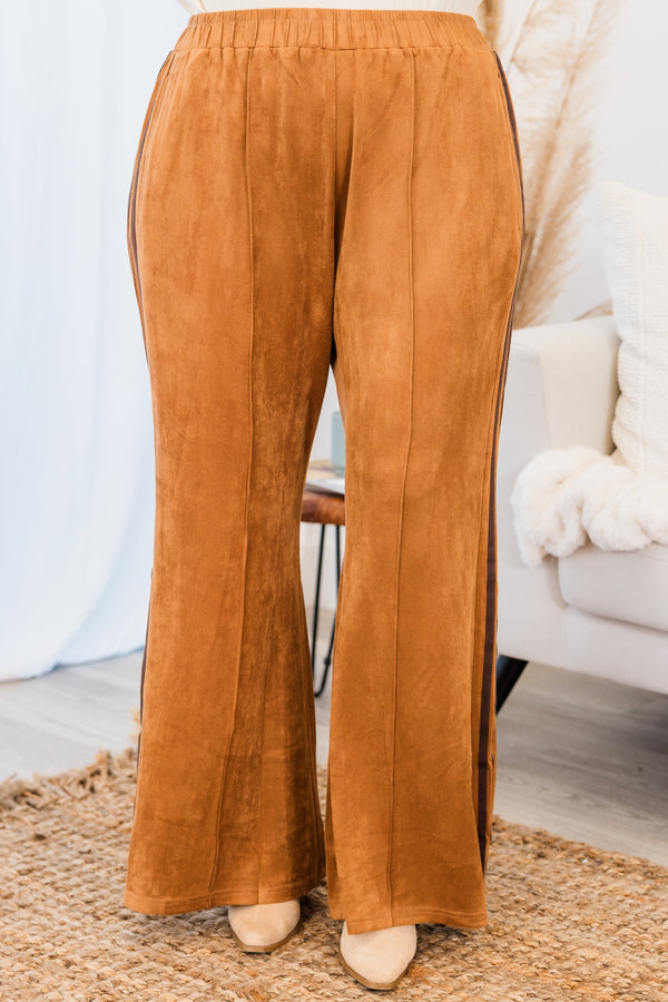 Chic Soul plus size clothing, brown pants that have two dark brown stripes on each side of the leg and a stretch waistband 