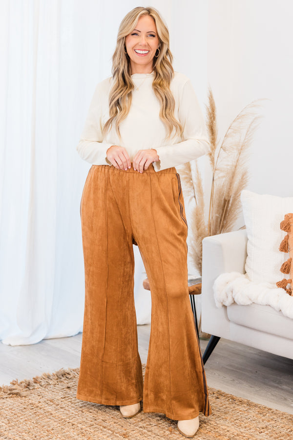 Chic Soul plus size clothing, brown pants that have two dark brown stripes on each side of the leg and a stretch waistband 
