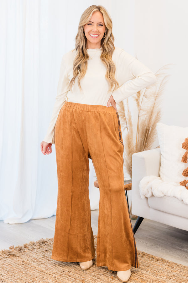 Chic Soul plus size clothing, brown pants that have two dark brown stripes on each side of the leg and a stretch waistband 