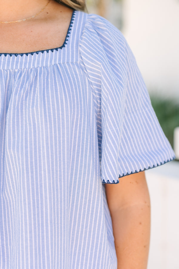 Chic Soul plus size clothing, blue and white pin stripe square neck ruffle sleeve top with navy embroidered trim detailing