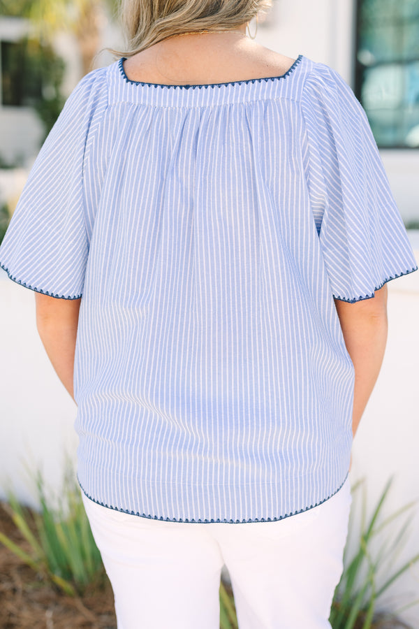 Chic Soul plus size clothing, blue and white pin stripe square neck ruffle sleeve top with navy embroidered trim detailing