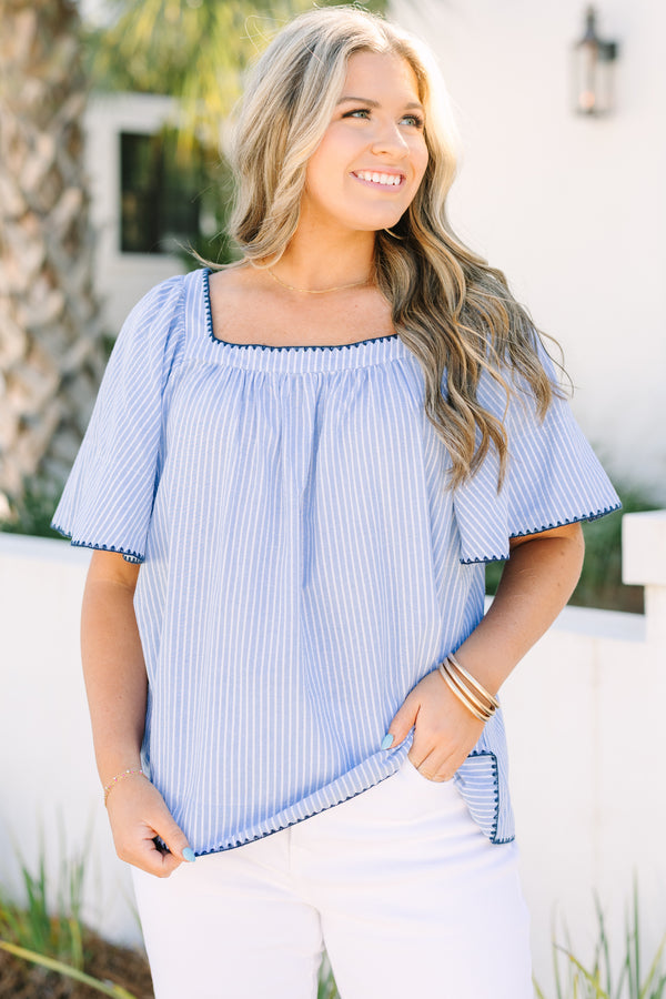 Chic Soul plus size clothing, blue and white pin stripe square neck ruffle sleeve top with navy embroidered trim detailing
