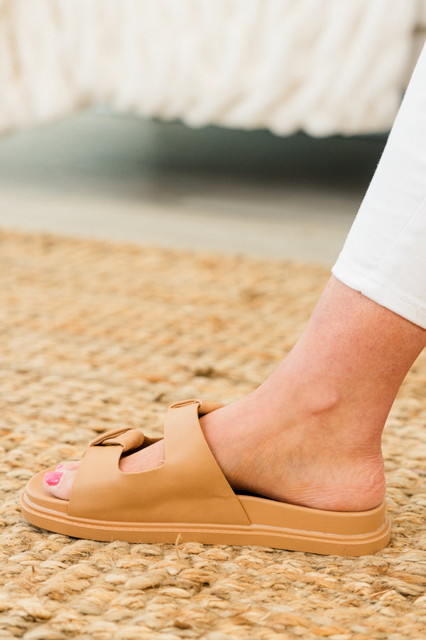 Chic Soul plus size clothing, chunky backless camel tan sandals with two thick knots as the straps
