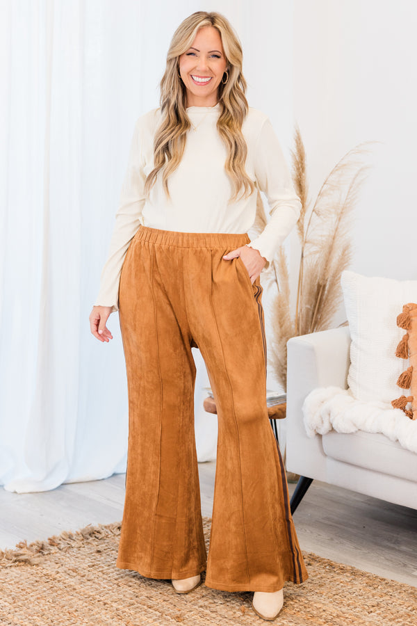 Chic Soul plus size clothing, brown pants that have two dark brown stripes on each side of the leg and a stretch waistband 