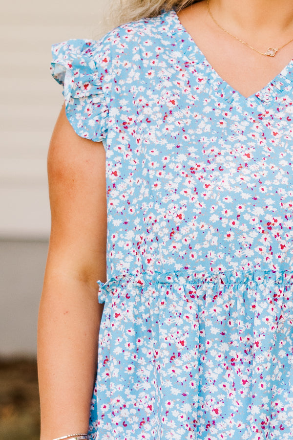 Chic Soul plus size clothing, blue short sleeve babydoll top with ruffle sleeves and v neckline with blue and red floral pattern