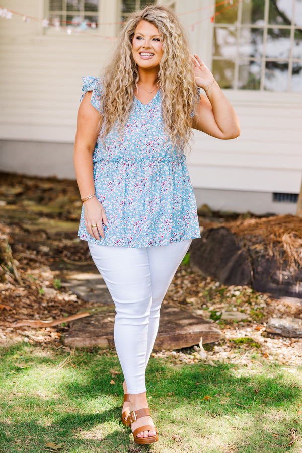 Chic Soul plus size clothing, blue short sleeve babydoll top with ruffle sleeves and v neckline with blue and red floral pattern