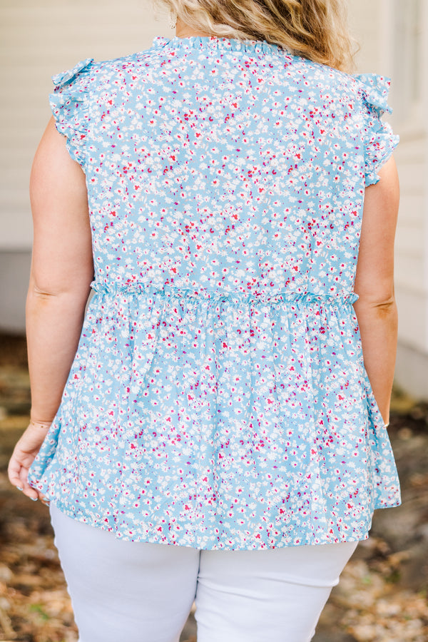 Chic Soul plus size clothing, blue short sleeve babydoll top with ruffle sleeves and v neckline with blue and red floral pattern