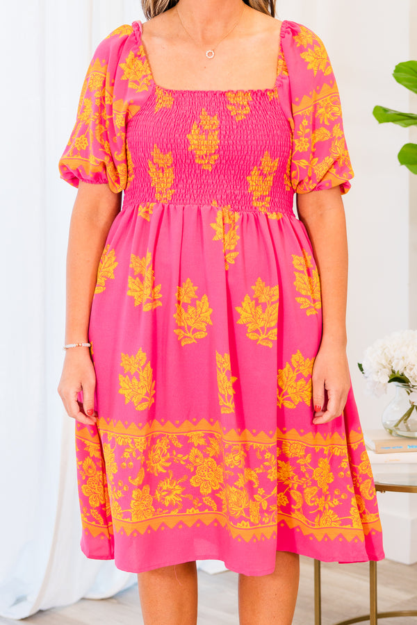 Chic Soul plus size clothing, pink short sleeve dress with stretchy bodice and orange floral print