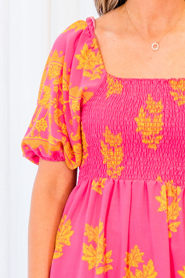 Chic Soul plus size clothing, pink short sleeve dress with stretchy bodice and orange floral print