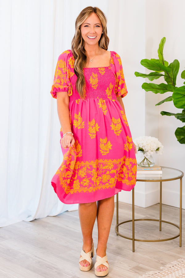 Chic Soul plus size clothing, pink short sleeve dress with stretchy bodice and orange floral print