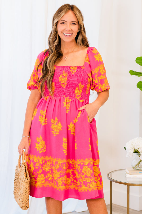 Chic Soul plus size clothing, pink short sleeve dress with stretchy bodice and orange floral print
