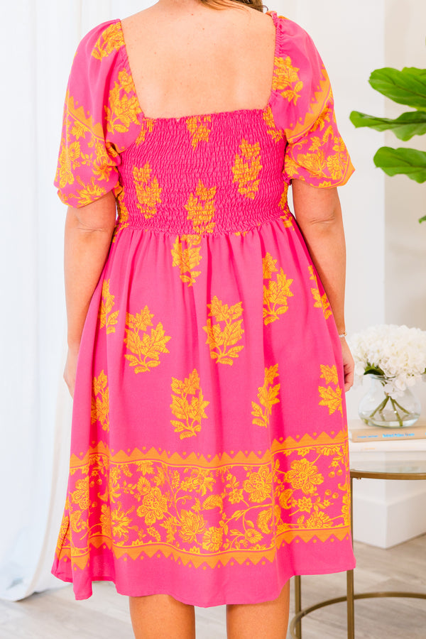 Chic Soul plus size clothing, pink short sleeve dress with stretchy bodice and orange floral print