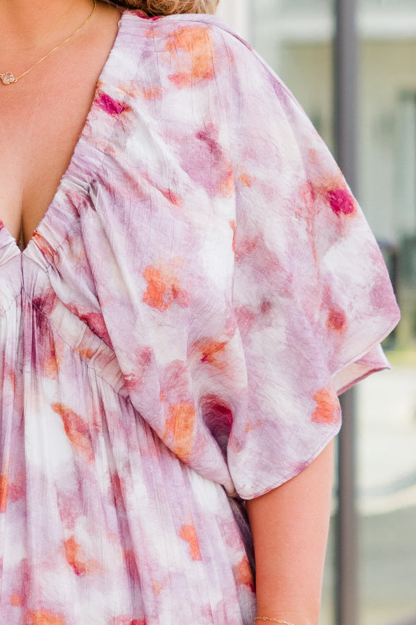 Chic Soul plus size clothing, short sleeve pink ruffled midi dress with purple and orange floral pattern and v-neckline