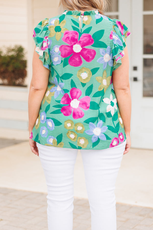 Chic Soul plus size clothing, mint green top with multicolor floral pattern and ruffle tiered sleeves