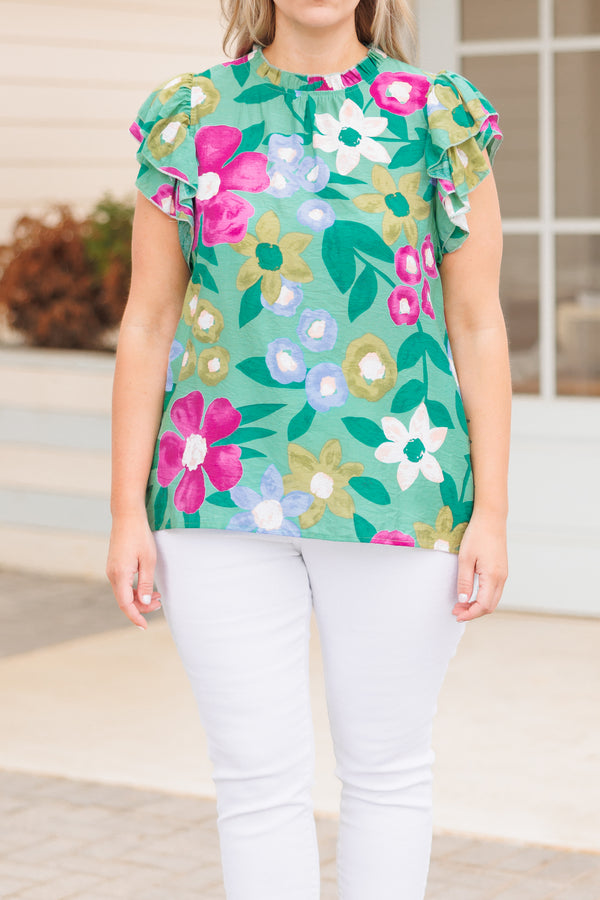 Chic Soul plus size clothing, mint green top with multicolor floral pattern and ruffle tiered sleeves