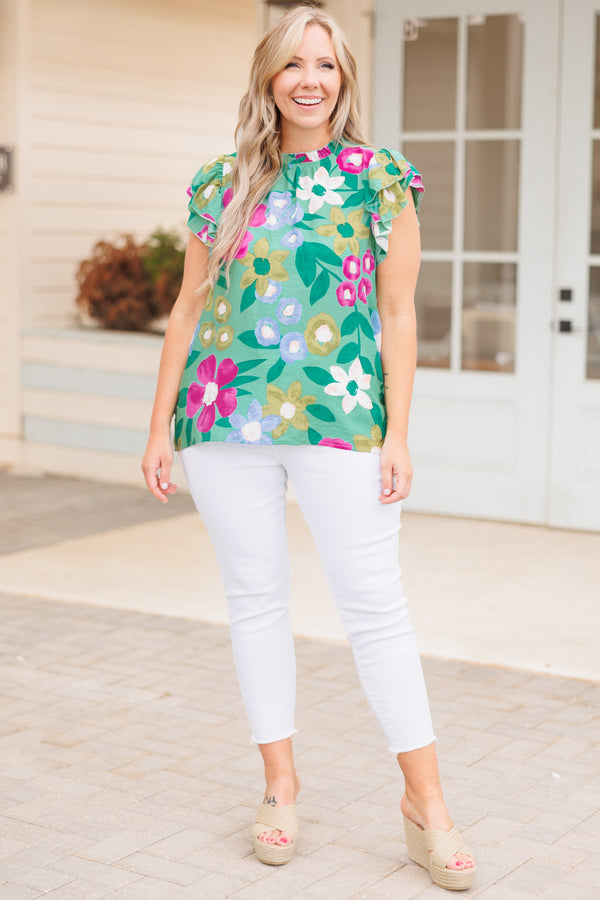 Chic Soul plus size clothing, mint green top with multicolor floral pattern and ruffle tiered sleeves