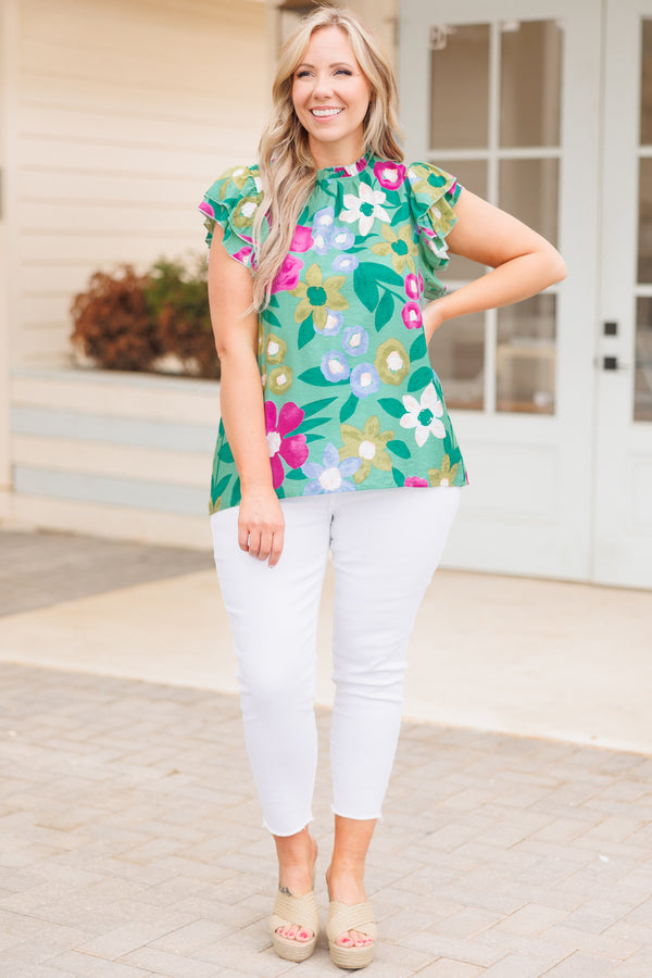 Chic Soul plus size clothing, mint green top with multicolor floral pattern and ruffle tiered sleeves