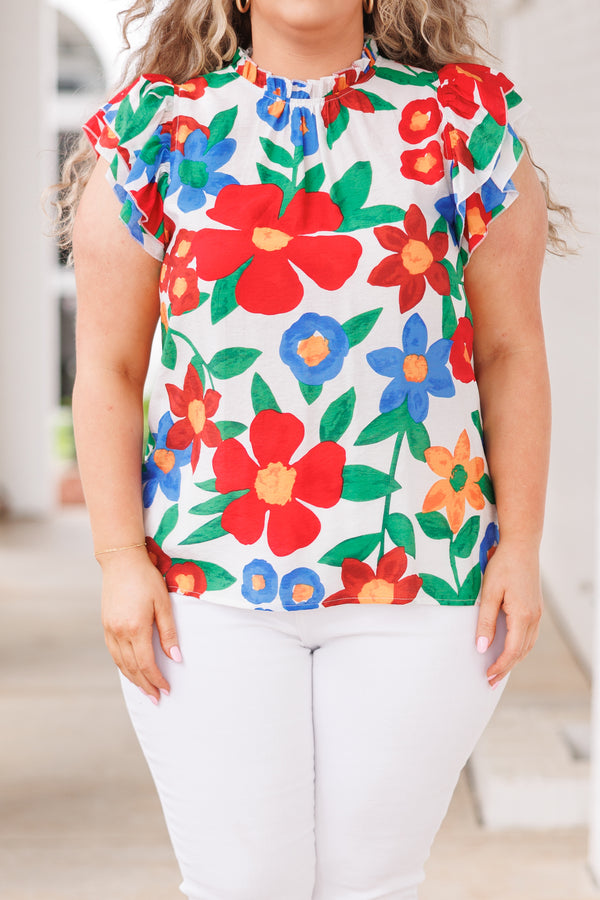 Chic Soul plus size clothing, white top with multicolor floral pattern and flutter sleeves