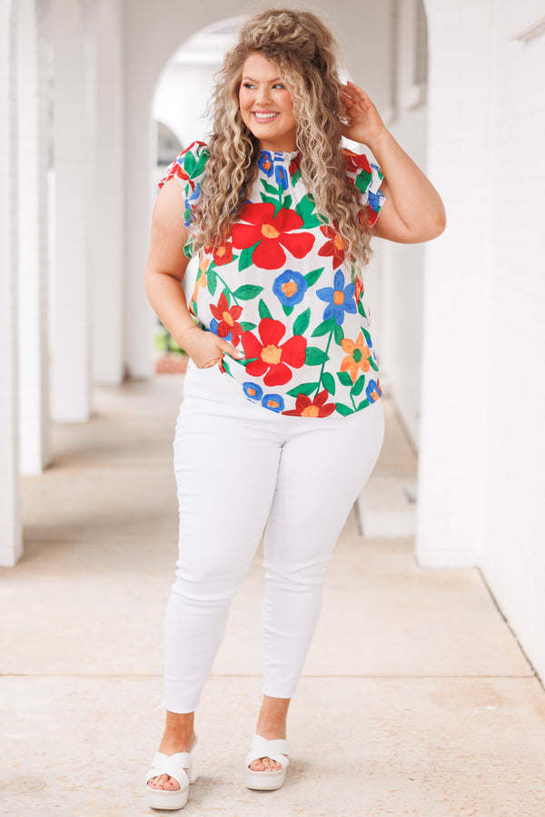Chic Soul plus size clothing, white top with multicolor floral pattern and flutter sleeves