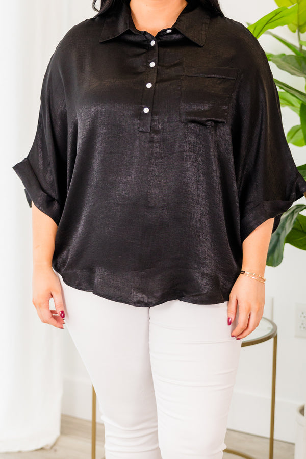 Chic Soul plus size clothing, half sleeve collared black top with white button details