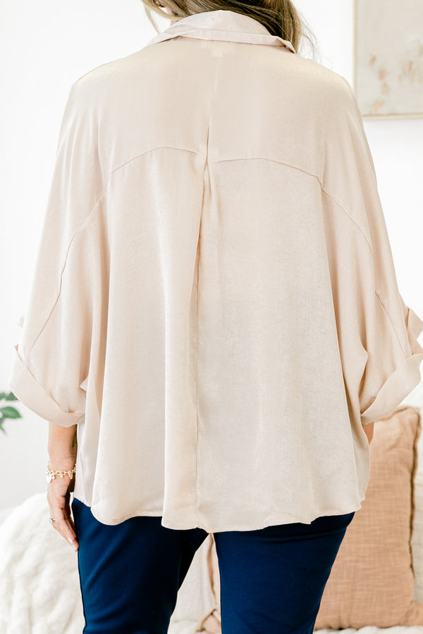 Chic Soul plus size clothing, taupe rolled three-quarter sleeve half-button-up collared casual top with front pocket