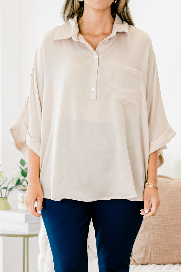 Chic Soul plus size clothing, taupe rolled three-quarter sleeve half-button-up collared casual top with front pocket