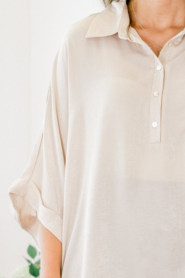 Chic Soul plus size clothing, taupe rolled three-quarter sleeve half-button-up collared casual top with front pocket