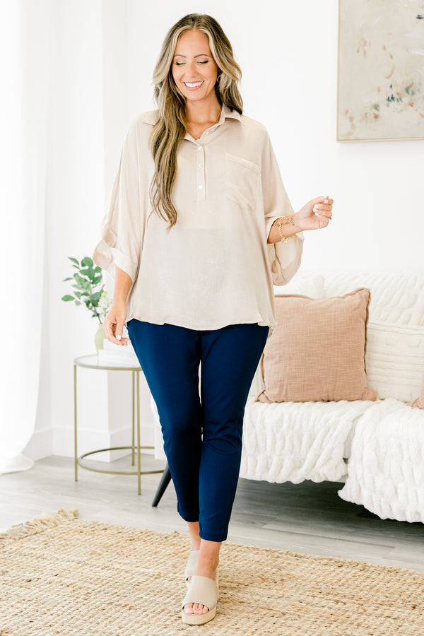 Chic Soul plus size clothing, taupe rolled three-quarter sleeve half-button-up collared casual top with front pocket