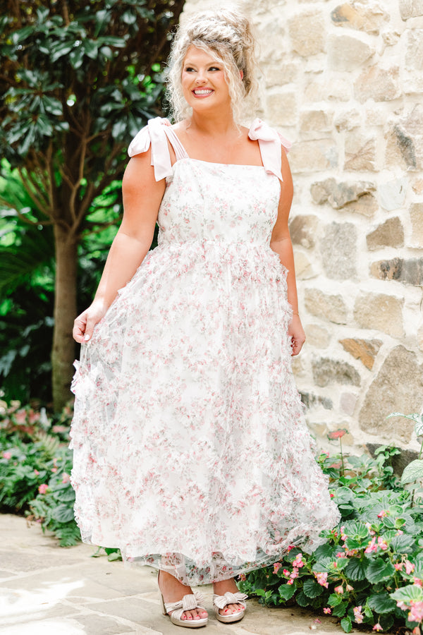 Chic Soul plus size clothing, ivory tulle maxi dress with floral print with ruffle tulle along skirt with emerald tie straps with square neckline