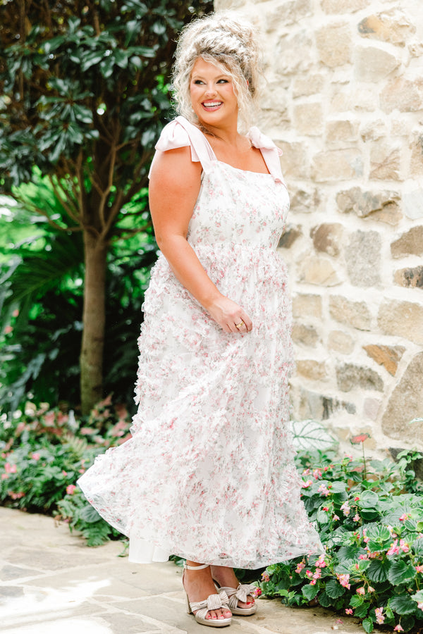 Chic Soul plus size clothing, ivory tulle maxi dress with floral print with ruffle tulle along skirt with emerald tie straps with square neckline