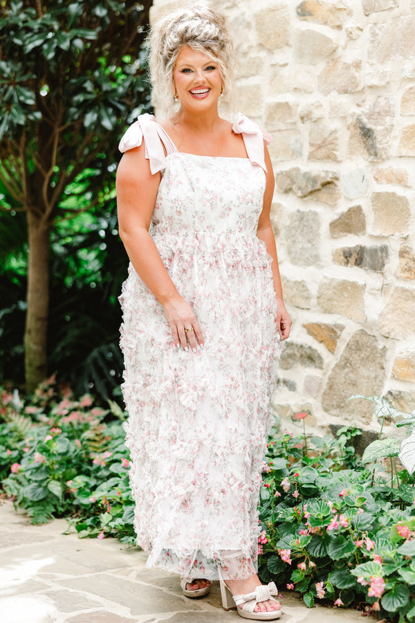 Chic Soul plus size clothing, ivory tulle maxi dress with floral print with ruffle tulle along skirt with emerald tie straps with square neckline