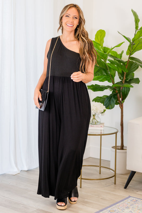 Chic Soul plus size clothing, black one shoulder jumpsuit with wide leg flowy pants