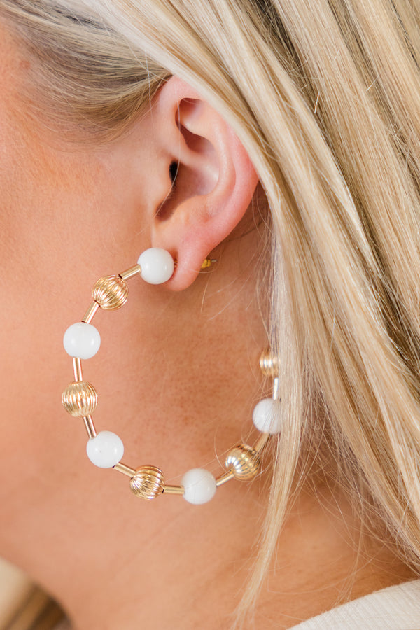 Chic Soul plus size clothing, white and gold beaded medium hoops with gold hardware