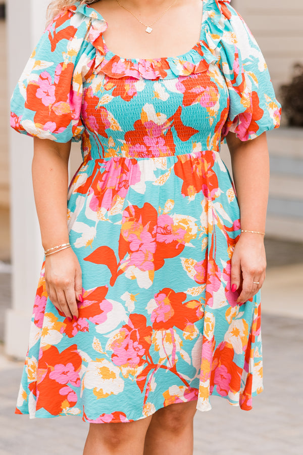 Chic Soul plus size clothing, aqua short sleeve mini dress with floral print with smocked top and puff sleeves