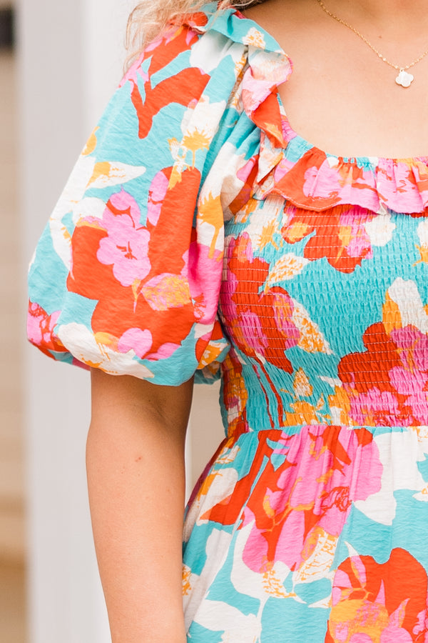 Chic Soul plus size clothing, aqua short sleeve mini dress with floral print with smocked top and puff sleeves
