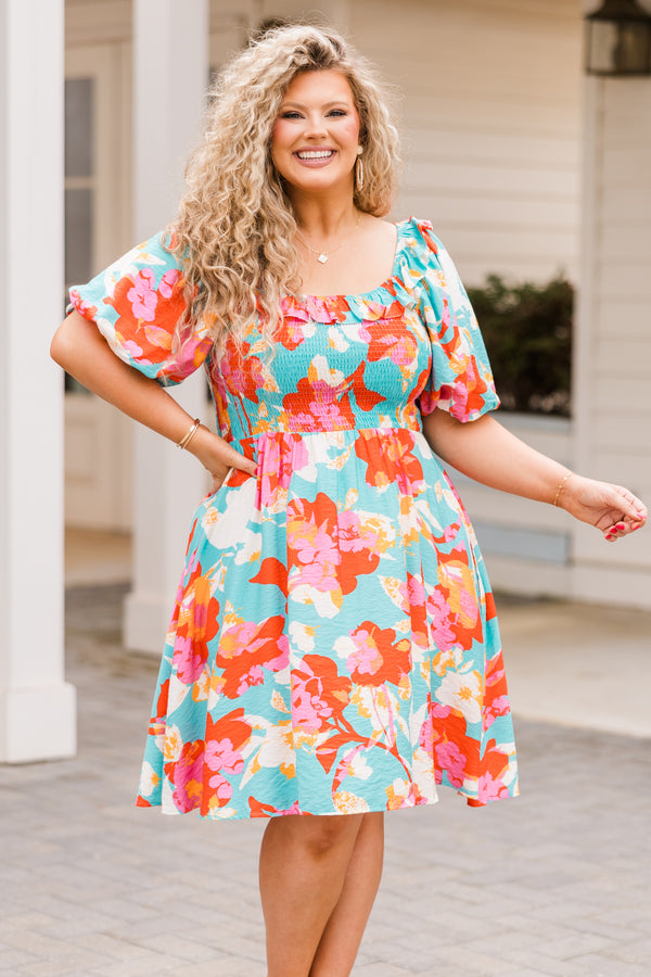 Chic Soul plus size clothing, aqua short sleeve mini dress with floral print with smocked top and puff sleeves