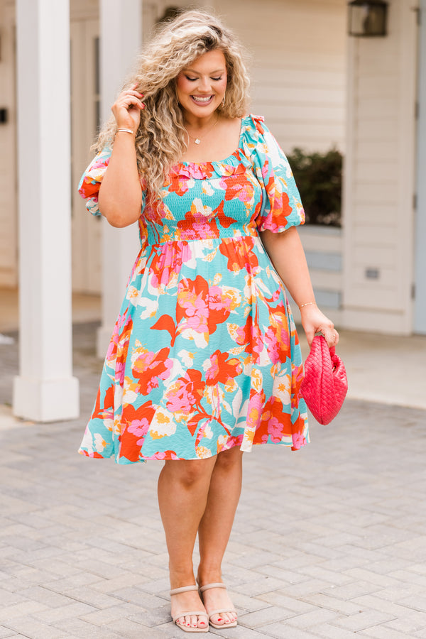 Chic Soul plus size clothing, aqua short sleeve mini dress with floral print with smocked top and puff sleeves 