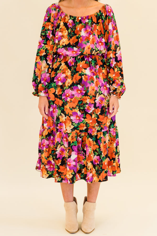 Chic Soul plus size clothing, puffed-quarter-sleeve black ruffled maxi dress with orange and purple floral pattern and square neck-line 