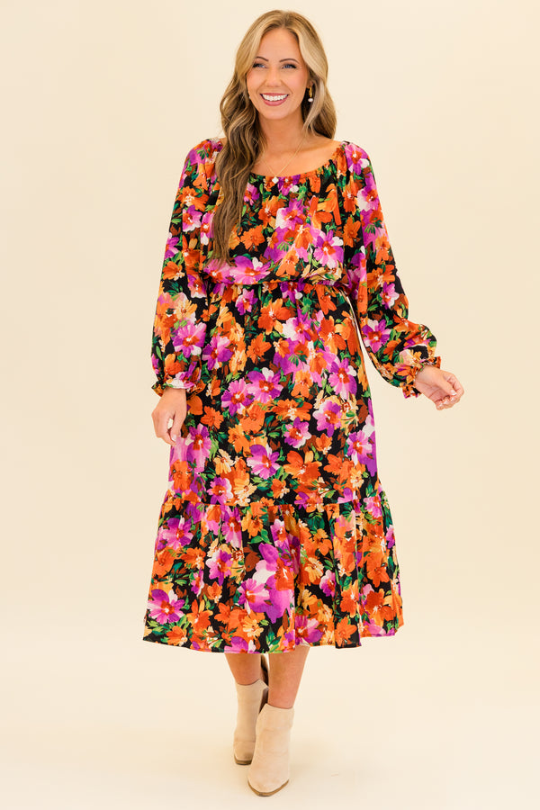 Chic Soul plus size clothing, puffed-quarter-sleeve black ruffled maxi dress with orange and purple floral pattern and square neck-line 