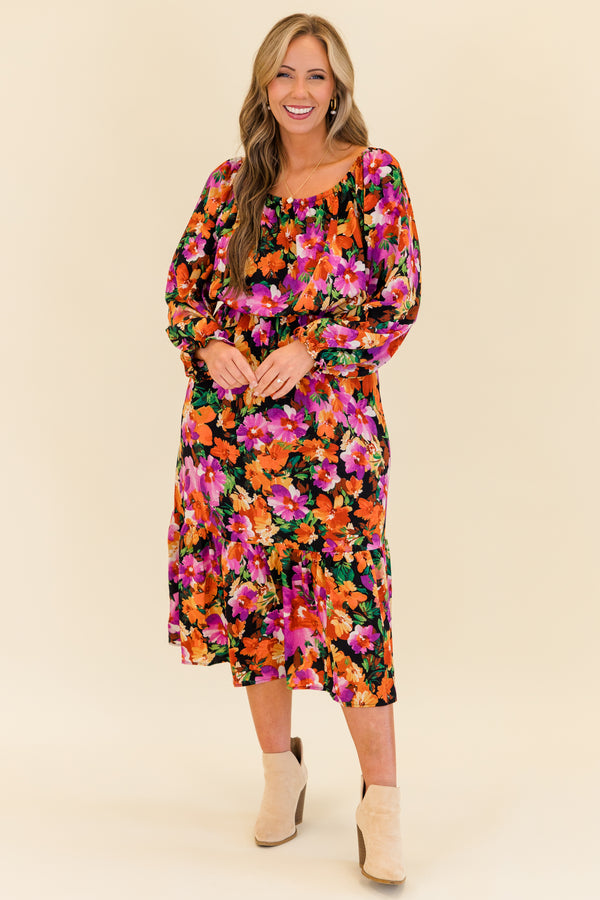 Chic Soul plus size clothing, puffed-quarter-sleeve black ruffled maxi dress with orange and purple floral pattern and square neck-line 