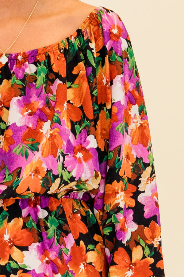 Chic Soul plus size clothing, puffed-quarter-sleeve black ruffled maxi dress with orange and purple floral pattern and square neck-line 
