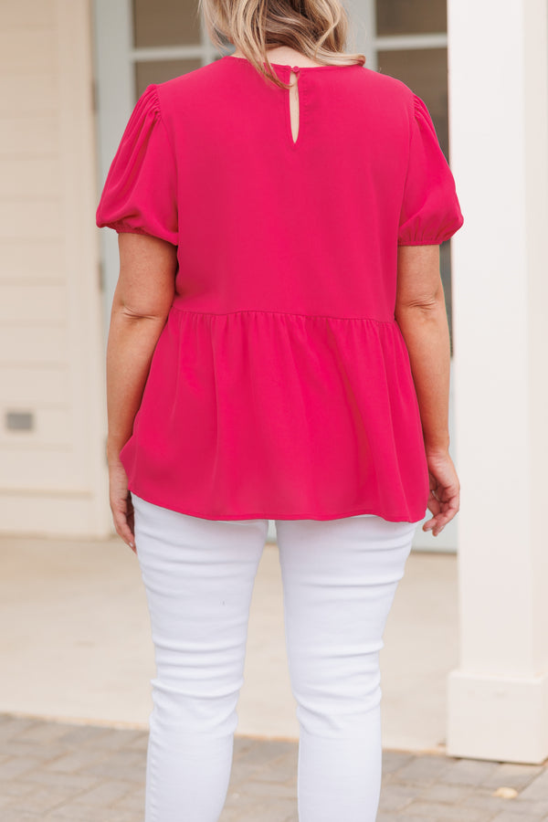 Chic Soul plus size clothing, hot pink babydoll style top with bubble sleeves