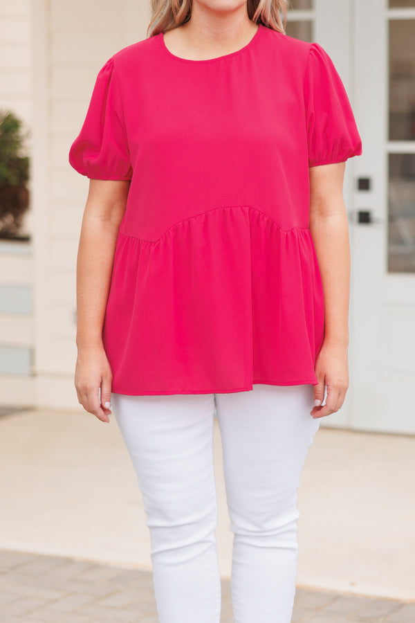 Chic Soul plus size clothing, hot pink babydoll style top with bubble sleeves