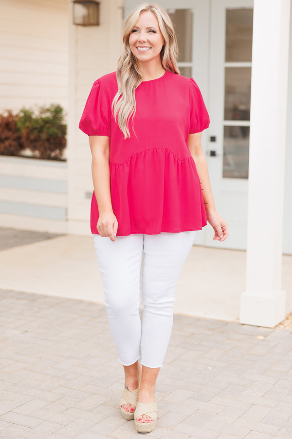 Chic Soul plus size clothing, hot pink babydoll style top with bubble sleeves